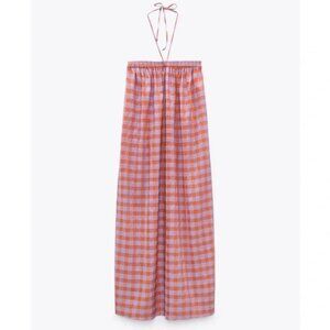 Zara Gingham Plaid Maxi Halter Dress Coverup Medium